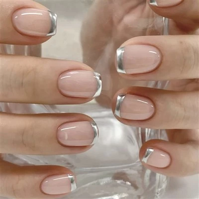 Silver French Tip Short Square Press On Nails