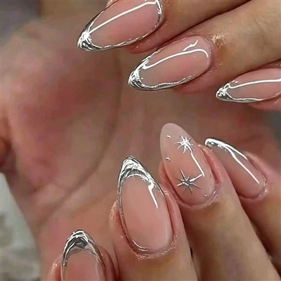 Silver Outline Star French Tip Press On Nails