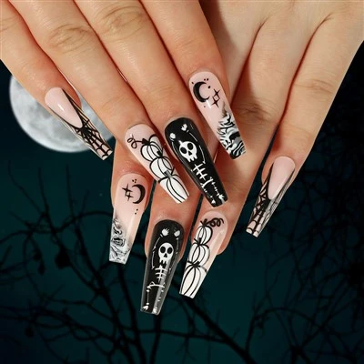 White Skull and Pumpkin Halloween Nails