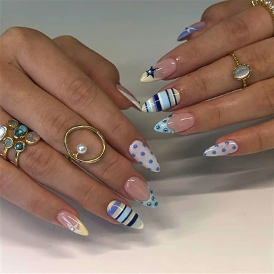 Y2K Blue Star & Plaid Almond Press On Nails